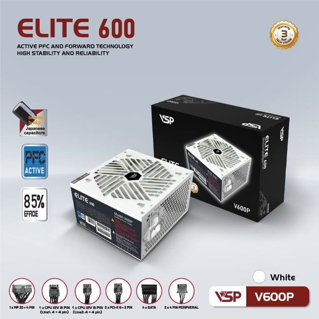 Nguồn máy tính VSP Elite Active PFC V600P - Trắng | 600W, ATX