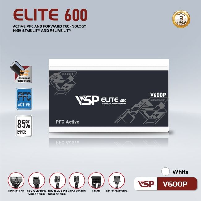 Nguồn máy tính VSP Elite Active PFC V600P - Trắng | 600W, ATX