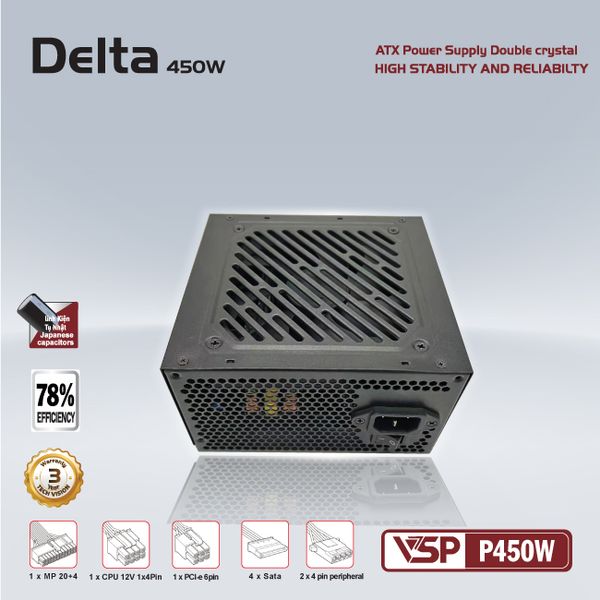  Nguồn máy tính Vsp Delta P450 450W (Cáp Dẹt Đen) (M) | Cáp Dẹt, ATX 