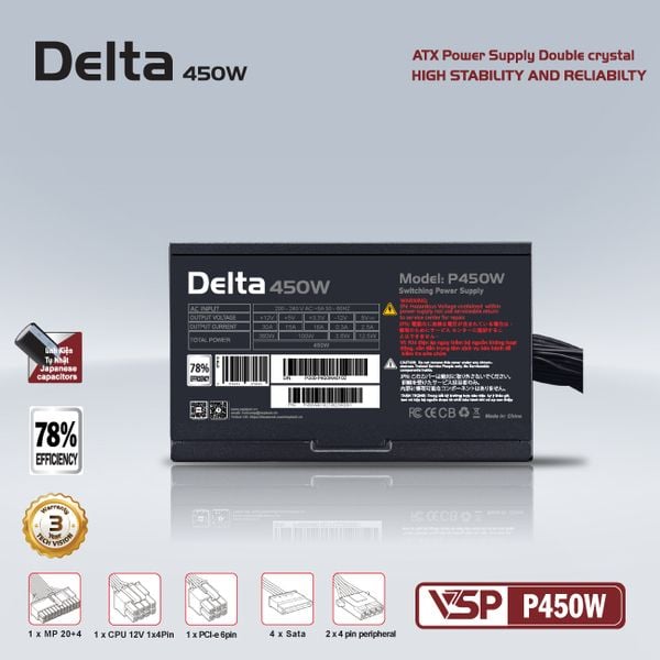  Nguồn máy tính Vsp Delta P450 450W (Cáp Dẹt Đen) (M) | Cáp Dẹt, ATX 