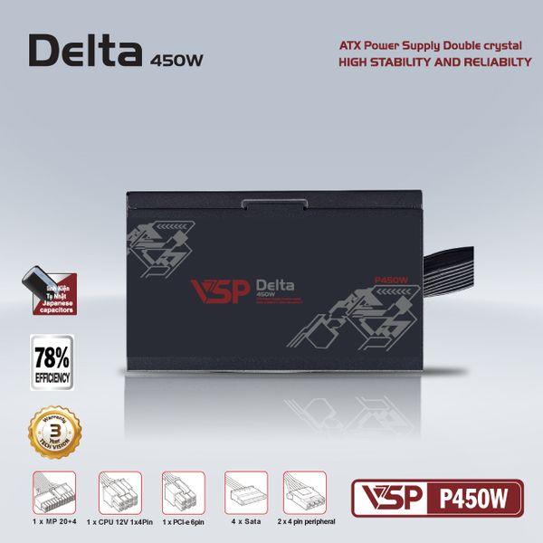 Nguồn máy tính Vsp Delta P450 450W (Cáp Dẹt Đen) (M) | Cáp Dẹt, ATX 