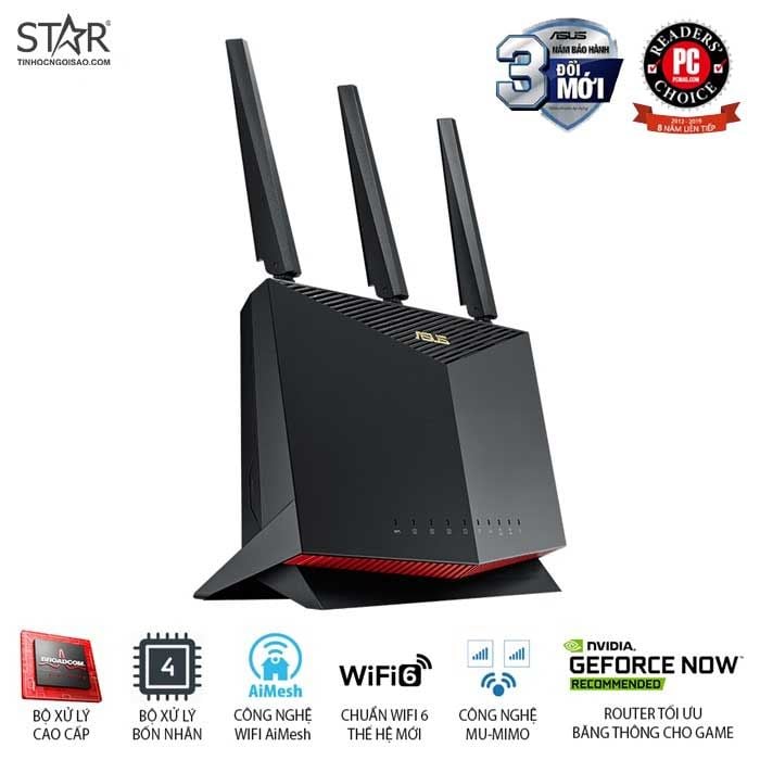 Phát Wifi Asus Gaming Router RT-AX86U Hai Băng Tần MU-MIMO – 3 anten Chính Hãng (Chuẩn AX5700 / WiFi 6 / AiMesh 360 WIFI Mesh / AiProtection / USB 3.1)