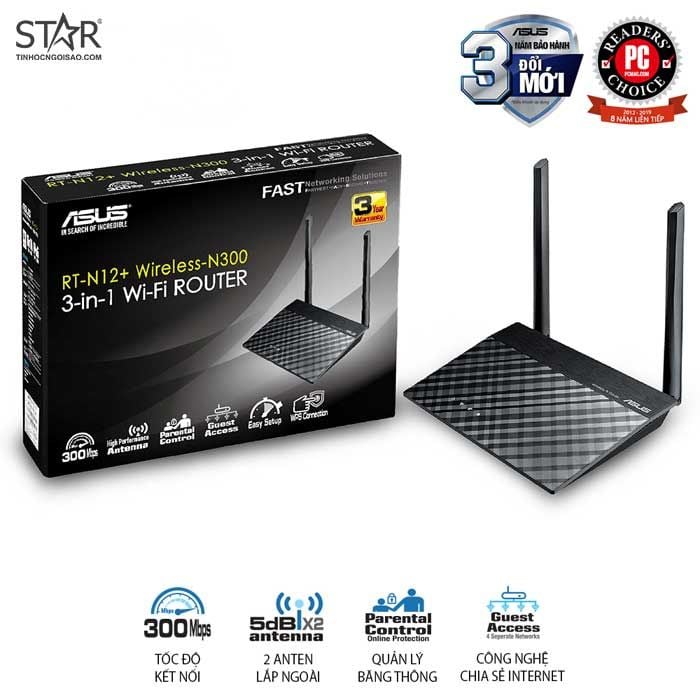 Phát Wifi Asus RT-N12+B1 Wireless N300Mbps – 2 anten Chính Hãng