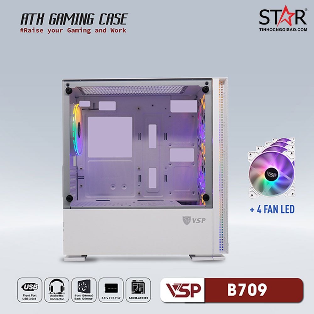Thùng máy Case VSP Gaming Mid Tower B709 - White + 4Fans Led