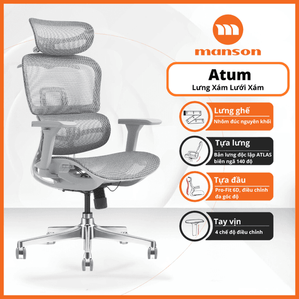  Ghế công thái học MANSON Atum | Xám, 120kg, Chân xoay, Lưng lưới 