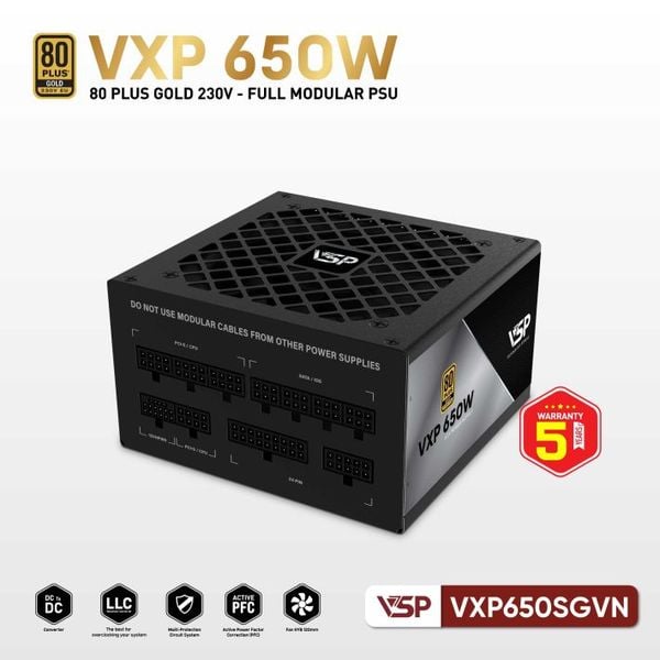  Nguồn máy tính VSP VXP 650W SGVN Gold 230V - Đen | Full Modular, ATX 