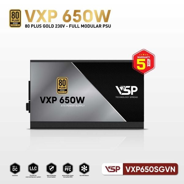  Nguồn máy tính VSP VXP 650W SGVN Gold 230V - Đen | Full Modular, ATX 