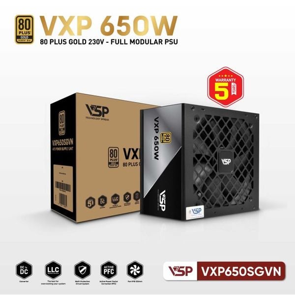  Nguồn máy tính VSP VXP 650W SGVN Gold 230V - Đen | Full Modular, ATX 