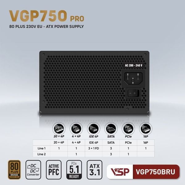  Nguồn máy tính Vsp Vgp 750W Pro Bronze Atxb.1 Pcie5.1 (230V) | Non Modular, ATX 