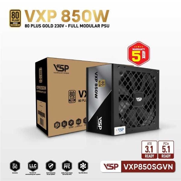  Nguồn máy tính VSP VXP 850W SGVN Gold 230V - Đen | Full Modular, ATX 