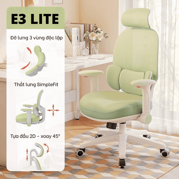  Ghế công thái học MANSON E3 Lite | Xanh lá, 100kg, Chân xoay, Lưng lưới 
