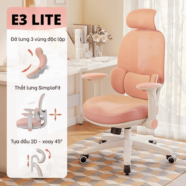  Ghế công thái học MANSON E3 Lite | Hồng, 100kg, Chân xoay, Lưng lưới 