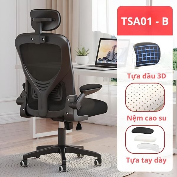  Ghế công thái học OEM TSA01 | Đen, 120kg, Chân xoay, Lưng lưới 