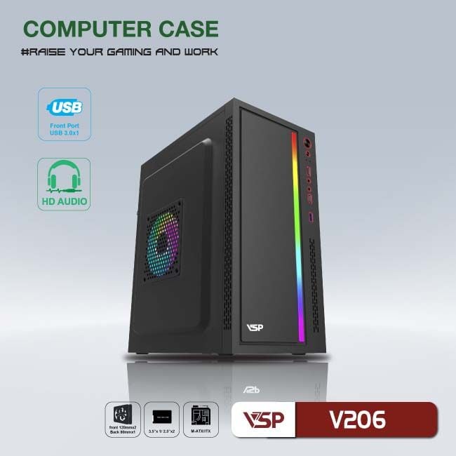 Case VSP V206 Black | USB 3.0, Led RGB, Không Fan