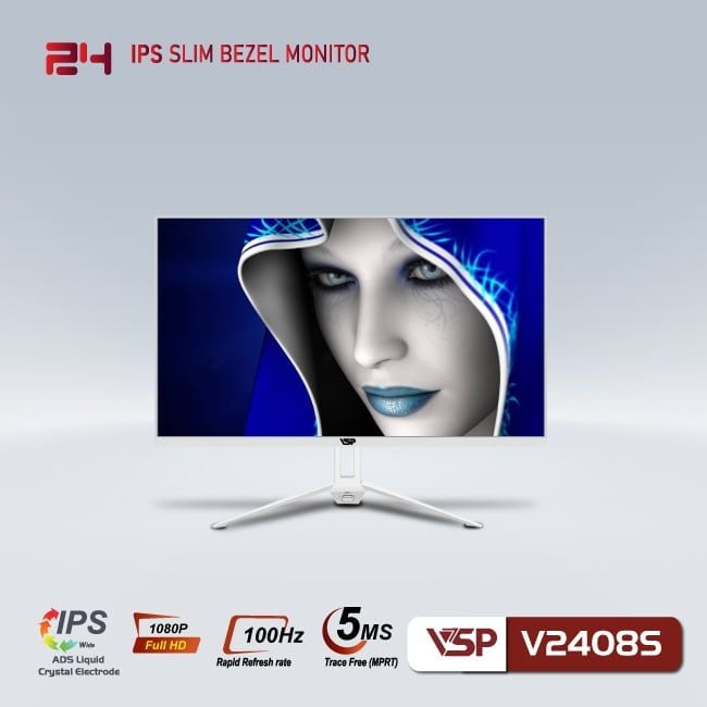 Màn hình VSP V2408S | 23.8 inch, Full HD, IPS, 100Hz, 5ms, phẳng, trắng