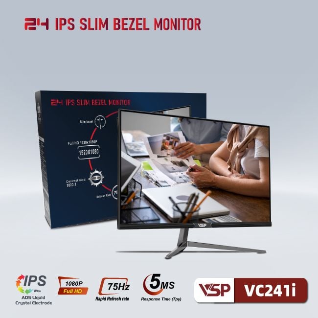 Màn hình VSP VC241i | 23.8 inch, Full HD, IPS, 75Hz, 5ms, phẳng, đen