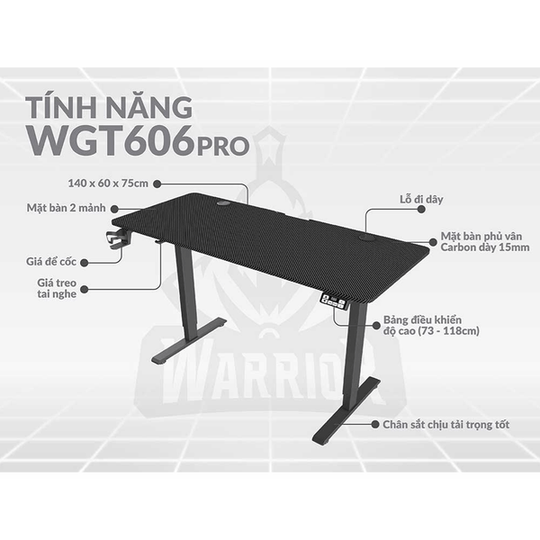  Bàn Gaming Nâng hạ WARRIOR Paladin WGT606 Pro 1m4 | Thép, Mặt bàn P1PB, Black 