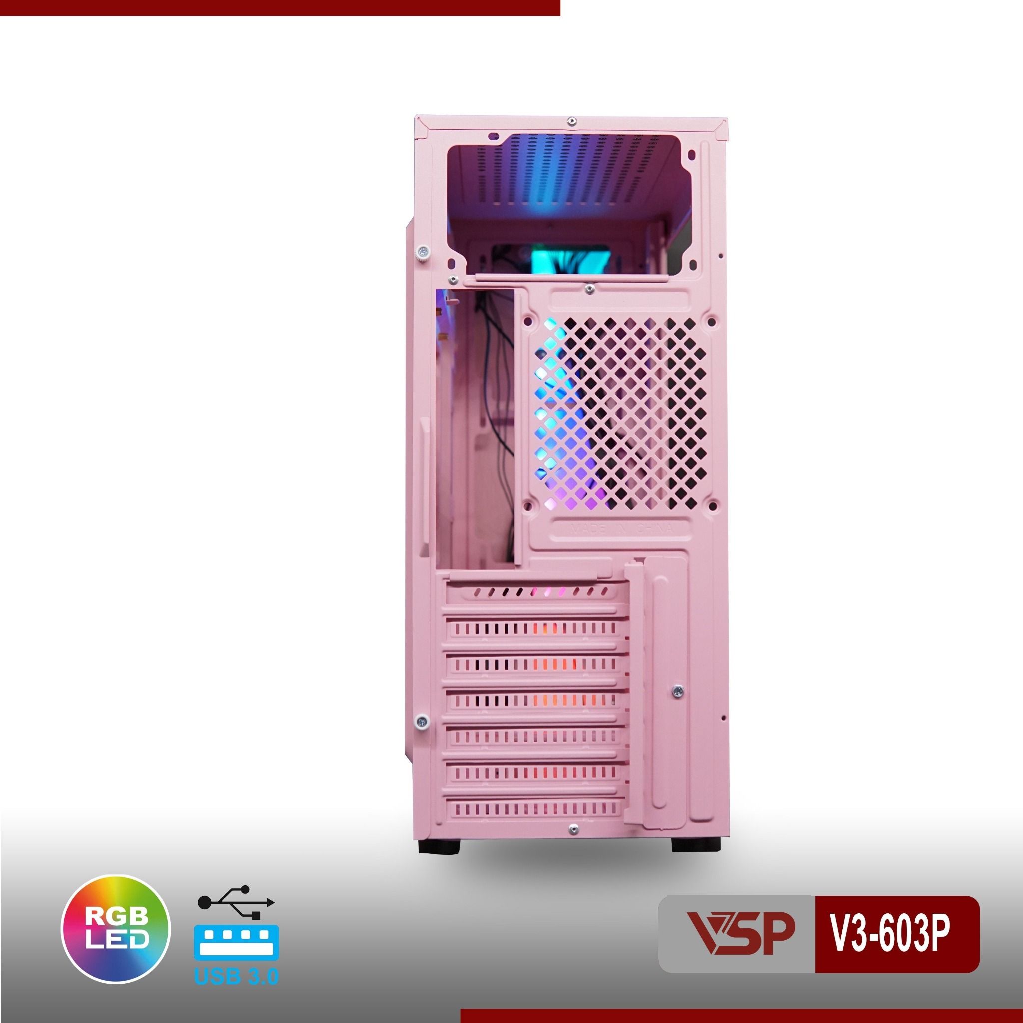 Thùng máy Case VSP V3-603P | ATX, hồng, không kèm fan