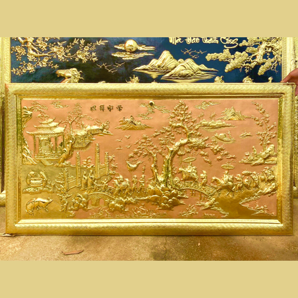 Tranh vinh quy bái tổ bằng đồng nền hồng | tranh quà tặng cao cấp kt 152x80cm