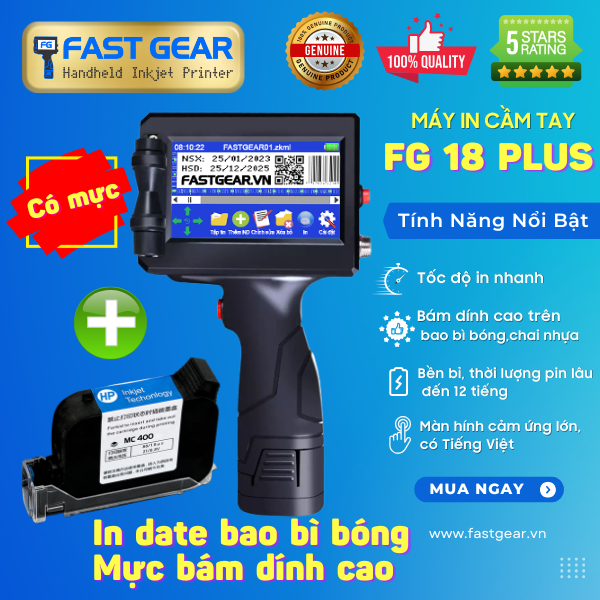 Máy In Date Cầm Tay FG 18 Plus (Không kén mực) - In NSX, HSD Độ Bám Dính Cao, Không Trôi Mực