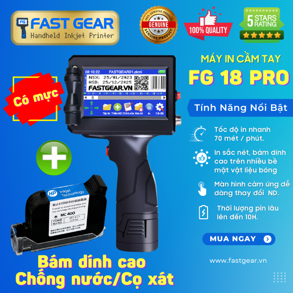 Máy In Date Cầm Tay FG 18 Pro - Tiếng Việt (Mực trắng, vàng, đỏ, xanh, đen) - In NSX, HSD, Logo, QR, Mã Vạch Trên Mọi Vật Liệu
