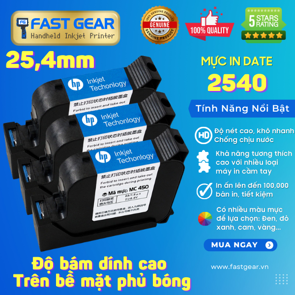 Hộp Mực Máy In Date Cầm Tay HP 2254, 25.4mm, 45ml Chính Hãng