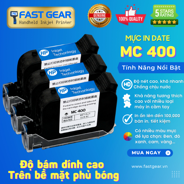 Mực Máy In Date Cầm Tay HP MC 400 | 12.7mm, 42ml (Độ bám dính cao)
