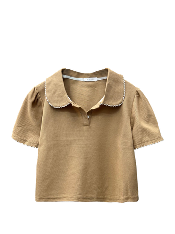  CROP CỔ BẺ VIỀN CHỈ , TAY PHỒNG, NÂU 