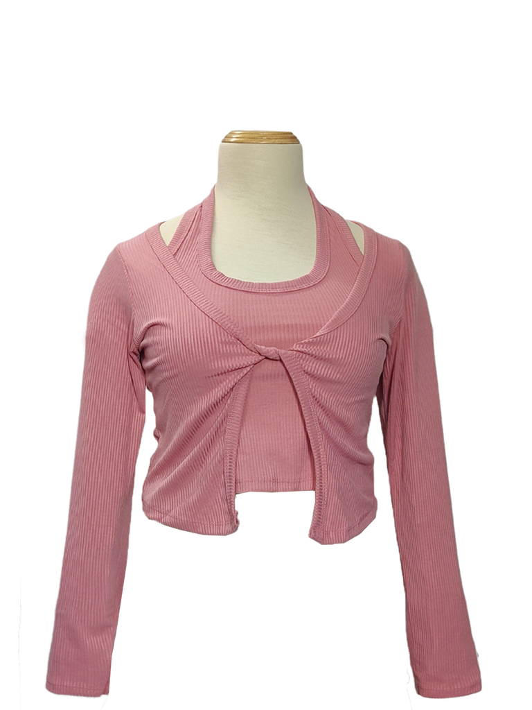 SET ÁO KIỂU 2 LỚP XOẮN NGỰC, TAY DÀI, HỒNG