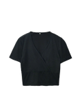  ÁO CROP CỔ V XÉO, ĐEN 