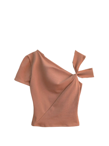  ÁO CROP THUN LỆCH VAI, NÂU 