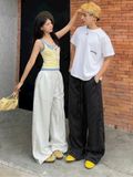  QUẦN LƯNG THUN SỌC ỐNG SUÔNG RỘNG, ĐEN 