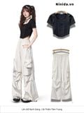  QUẦN DÙ (98cm) TÚI HỘP NHÚNG, TRẮNG, CHẤT DÀY, LƯNG THUN 