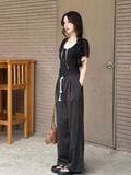  QUẦN LƯNG THUN SỌC ỐNG SUÔNG RỘNG, ĐEN 