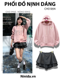  KHOÁC HOODIE NỈ, FORM RỘNG,NÓN GẤU, HỒNG 
