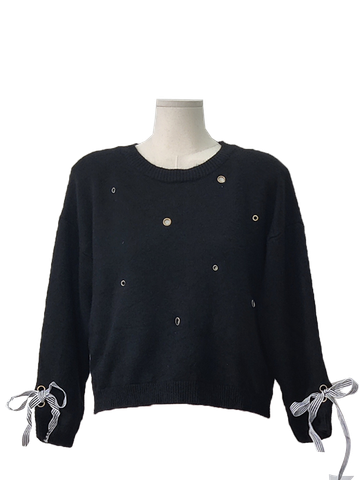  SWEATSHIRT LEN THẮT NƠ, ĐEN 