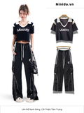  CROP LEN CỔ V , ĐEN 
