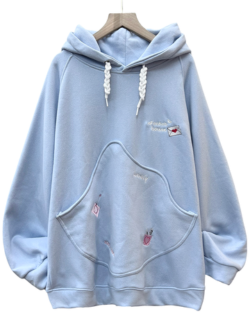  HOODIE NỈ, OVERSIZE, TÚI KIỂU, THÊU CUTE, XANH 