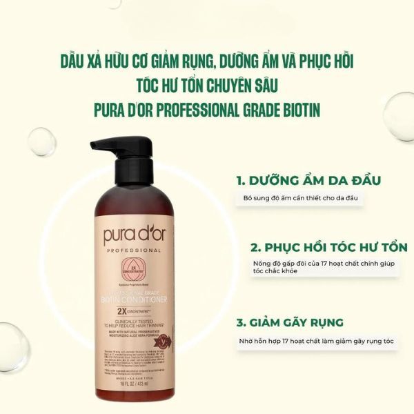 Dầu xả Biotin PURA D'OR Professional Grade phục hồi tóc hư tổn chuyên sâu, giảm gãy rụng 473ml