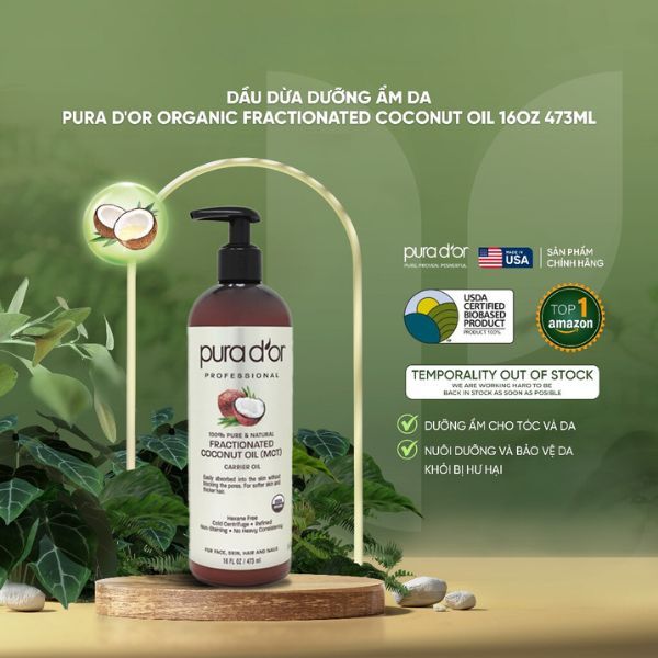 Dầu dừa dưỡng ẩm da PURA D'OR Organic Fractionated Coconut Oil 16oz 473ml