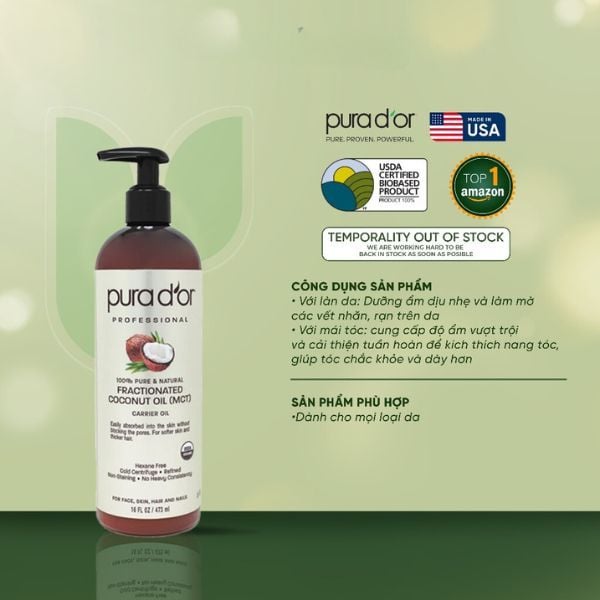 Dầu dừa dưỡng ẩm da PURA D'OR Organic Fractionated Coconut Oil 16oz 473ml