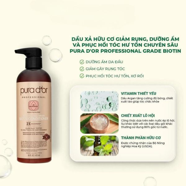 Dầu xả Biotin PURA D'OR Professional Grade phục hồi tóc hư tổn chuyên sâu, giảm gãy rụng 473ml