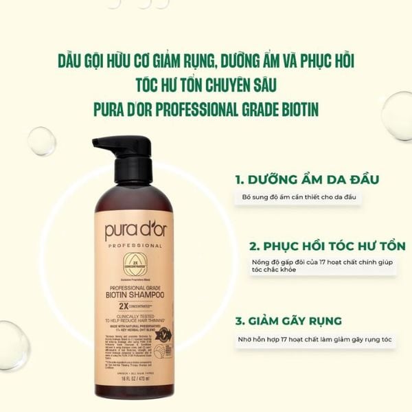 Dầu Gội Biotin 2X Professional Grade PURA DOR 473ml Organic Phục Hồi Tóc Hư Tổn Giảm Gãy Rụng Chuyên Sâu