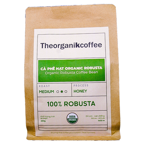 Cà phê 100% Robusta nguyên hạt rang hữu cơ - 250g