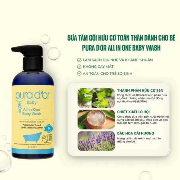 Sữa tắm gội dịu nhẹ đa năng dành cho bé PURA D'OR All-in-One 473ml