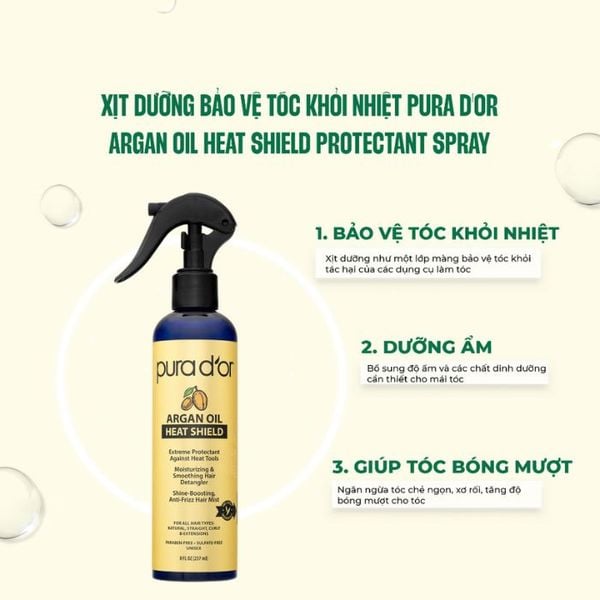 Xịt dưỡng bảo vệ tóc khỏi nhiệt PURA D'OR Argan Oil Heat Shield chiết xuất thiên nhiên 237ml