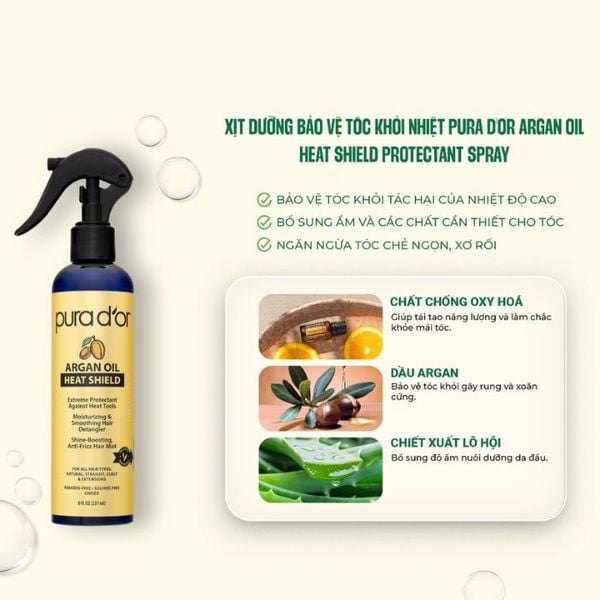 Xịt dưỡng bảo vệ tóc khỏi nhiệt PURA D'OR Argan Oil Heat Shield chiết xuất thiên nhiên 237ml