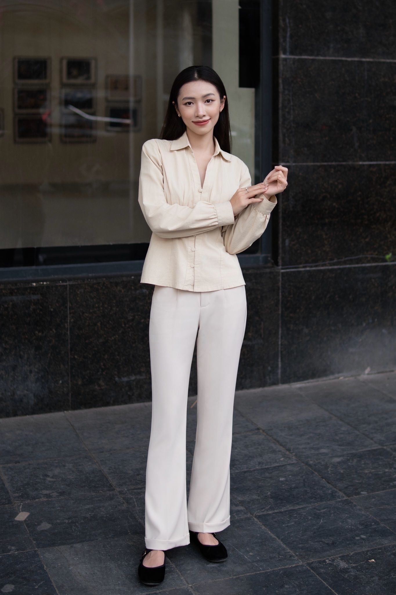  Cuff Flared Pants - Beige 