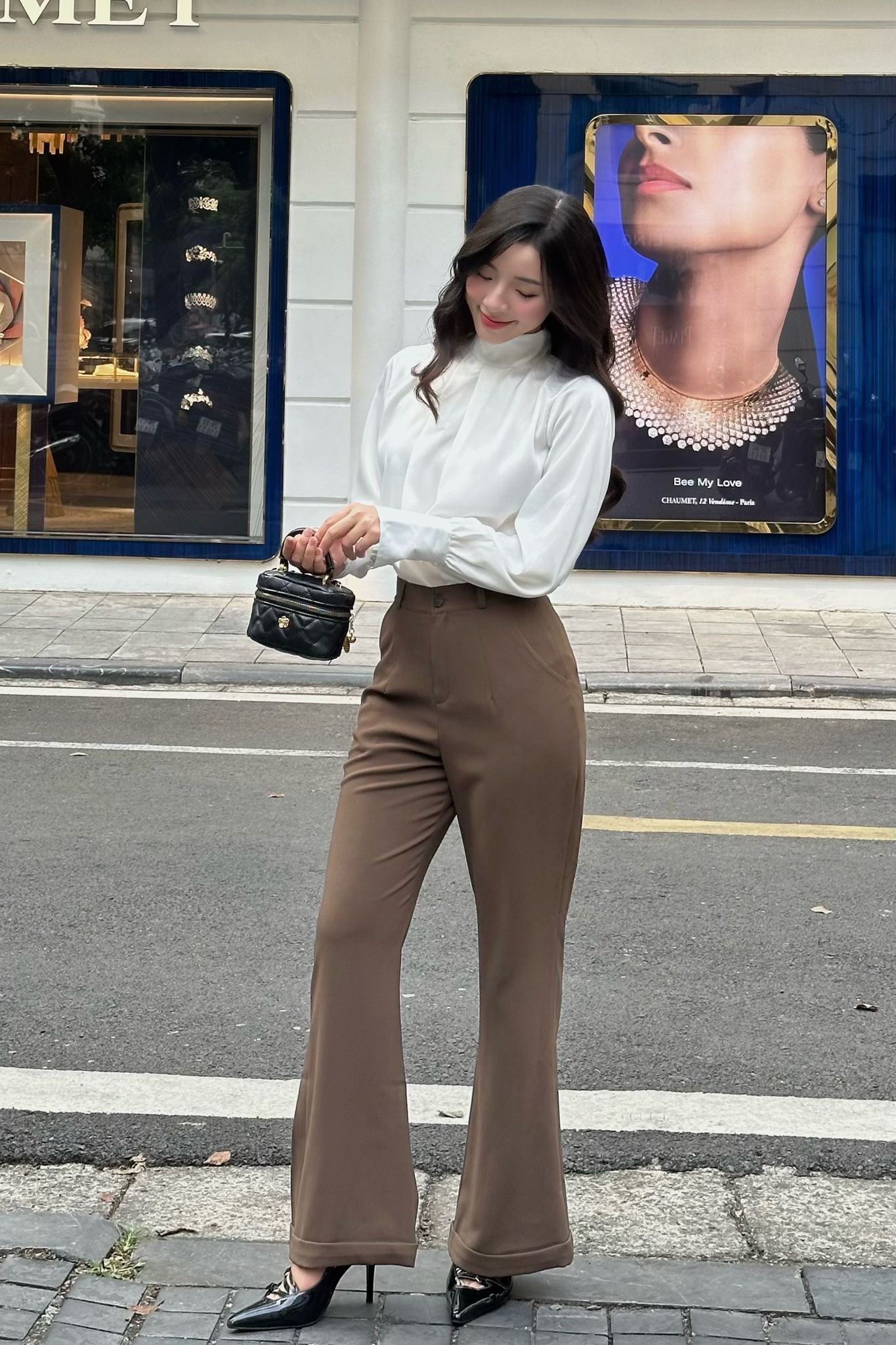  Cuff Flared Pants - Nâu 