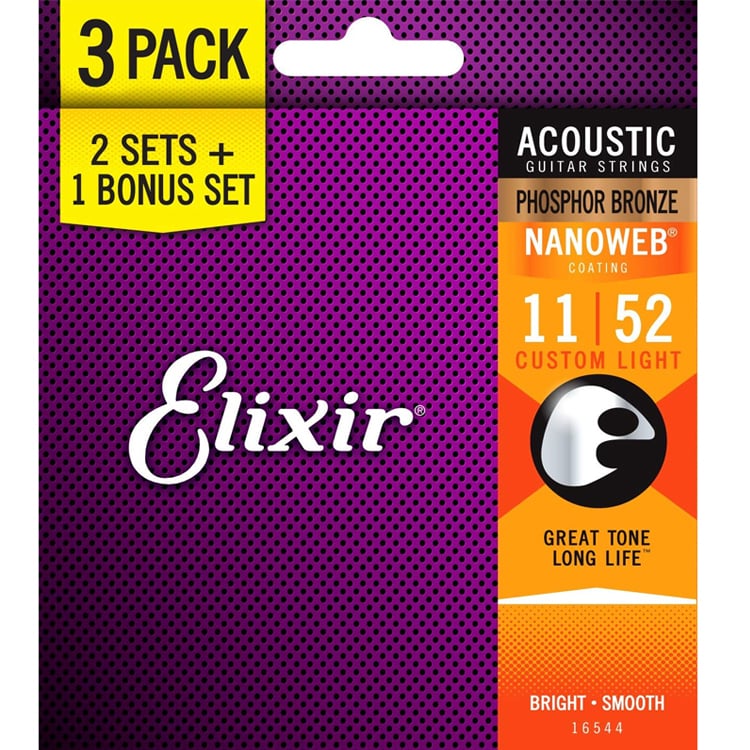 Bộ dây đàn Elixir 16544 Phosphor Bronze NANOWEB® (.011-.052). PACK 3 siêu tiết kiệm, với lớp phủ nanoweb siêu mỏng cho cảm giác chơi dây mềm mại, mịn tay, và âm thanh tuyệt vời